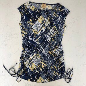 Kasper Abstract Print Mini Dress/Tunic Boat Neck Side Ruching Multi Color Sz S